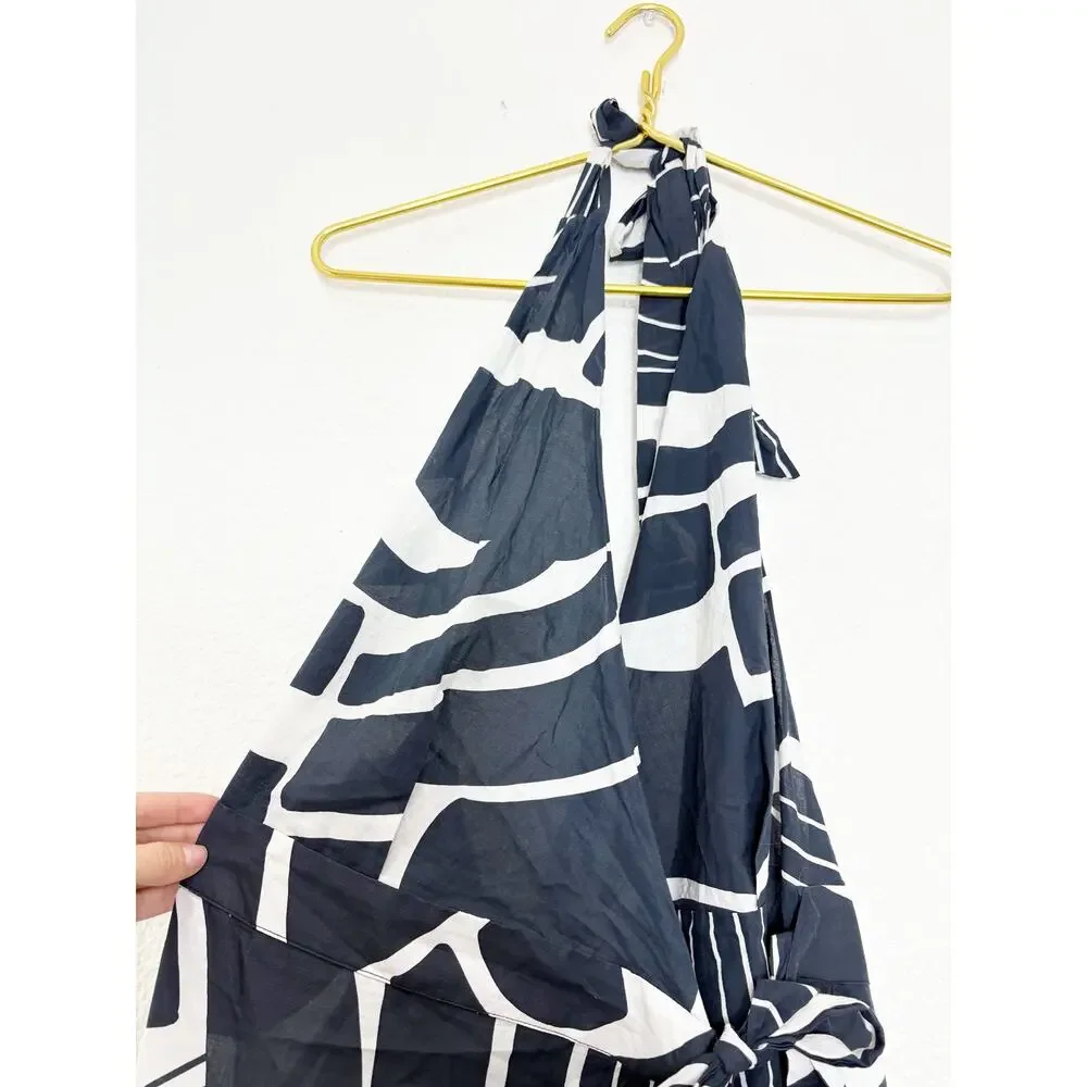 Zara The Nicole Printed Halter Wrap Navy/White Midi Dress Size Large Open Back - Picture 4 of 12